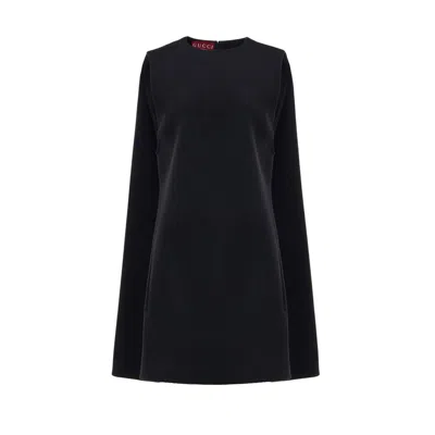 Gucci Wool Crew Neck Mini Dress With Long Sleeves In Black