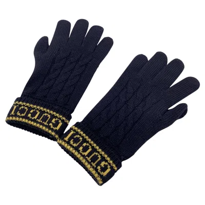 Pre-owned Gucci Black Yellow Wool And Leather Unisex Logo Knit Gloves Size M