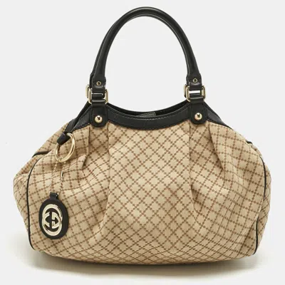 Pre-owned Gucci Black/beige Diamante Canvas And Leather Medium Sukey Tote