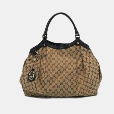 Pre-owned Gucci Black/beige Gg Canvas And Leather Large Sukey Tote