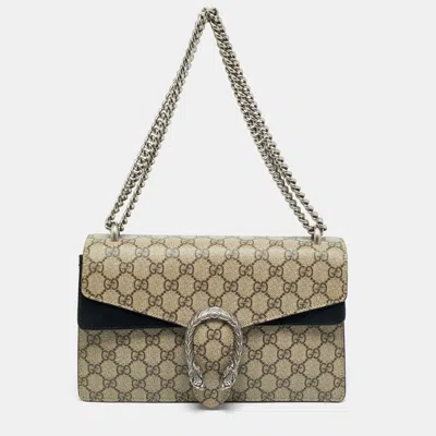 Pre-owned Gucci Black/beige Gg Supreme Canvas And Suede Small Dionysus Shoulder Bag In Sand