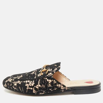Pre-owned Gucci Black/beige Lace And Leather Horsebit Princetown Flat Mules Size 38