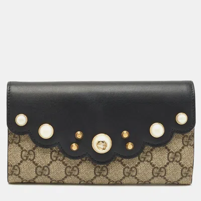 Pre-owned Gucci Black/beige Leather And Gg Supreme Canvas Peony Pearly Continental Wallet