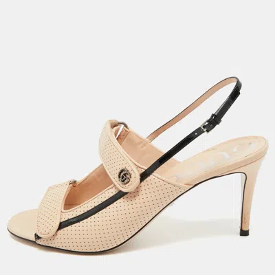 Pre-owned Gucci Black/beige Perforated Leather Slingback Sandals Size 41