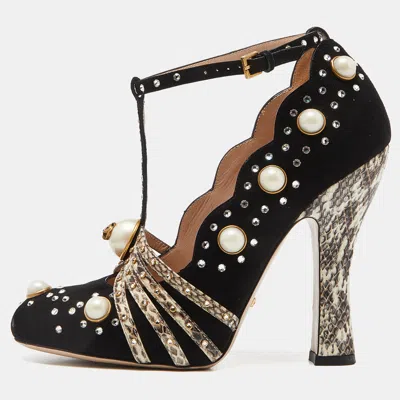 Pre-owned Gucci Black/beige Snakeskin And Suede Embellished Platform Pumps Size 37