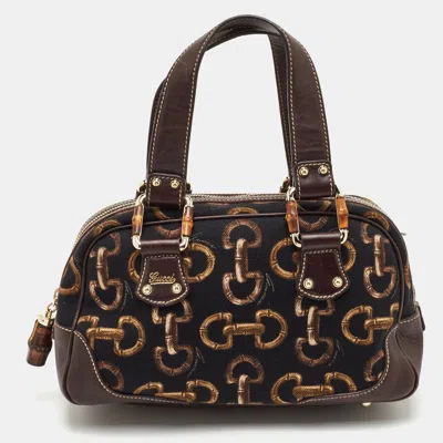 Pre-owned Gucci Black/brown Bamboo Horsebit Print Canvas And Leather Zip Satchel In Multi