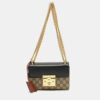Pre-owned Gucci Black/brown Gg Supreme Canvas And Leather Small Padlock Shoulder Bag