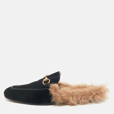 Pre-owned Gucci Black/brown Velvet And Fur Lined Princetown Flat Mule Size 42.5