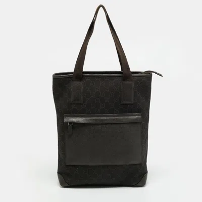 Pre-owned Gucci Black/dark Brown Gg Denim And Leather Tote