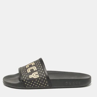 Pre-owned Gucci Black/gold Coated Canvas And Leather Star Guccy Slides Size 38
