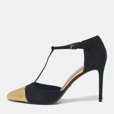 Pre-owned Gucci Black/gold Leather And Suede Coline T-strap Pumps Size 39