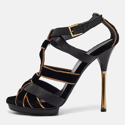Pre-owned Gucci Black/gold Leather And Suede Malika Ankle Strap Sandals Size 38