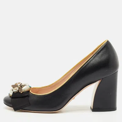 Pre-owned Gucci Black/gold Leather Bee Pearl Embellished Block Heel Pumps Size 37