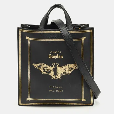 Pre-owned Gucci Black/gold Leather Garden Bat Vertical Tote