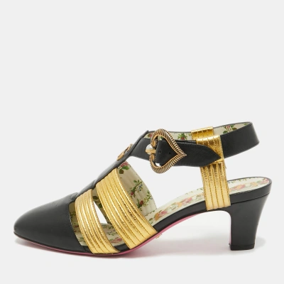 Pre-owned Gucci Black/gold Leather Gea Pumps Size 38.5