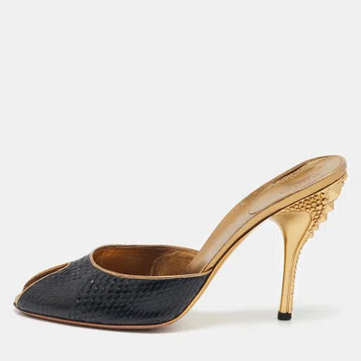 Pre-owned Gucci Black/gold Snakeskin And Leather Slide Sandals Size 40