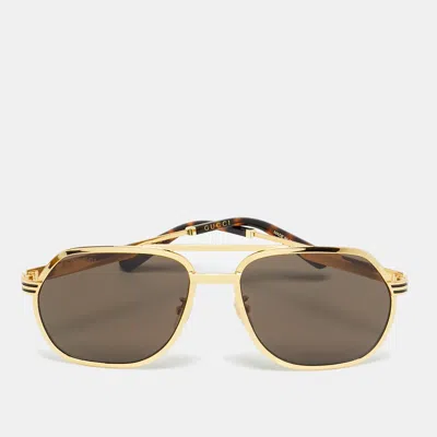 Pre-owned Gucci Black/gold Tone Gg0981s Navigator Frame Sunglasses