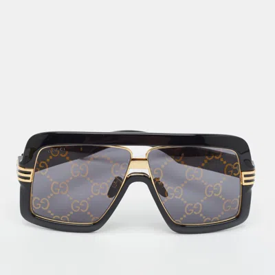 Pre-owned Gucci Black/gold Tone Monogram Lens Gg0900s Shield Sunglasses