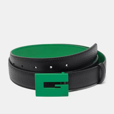 Pre-owned Gucci Black/green Leather G Square Buckle Belt 100cm
