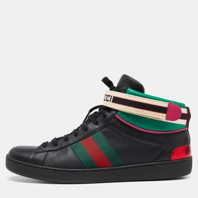 Pre-owned Gucci Black/green Leather Stripe Ace High Top Sneakers Size 43