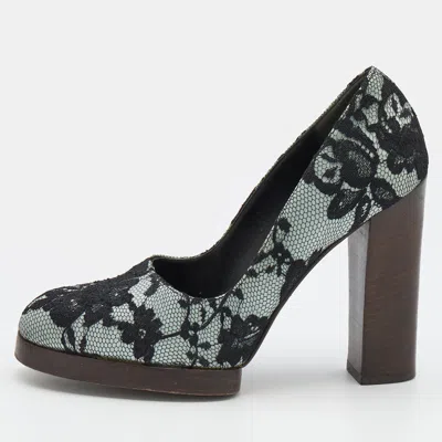 Pre-owned Gucci Black/grey Floral Lace And Satin Block Heel Pumps Size 36