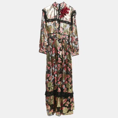 Pre-owned Gucci Black/metallic Floral Brocade Sheer Ruffled Maxi Dress L