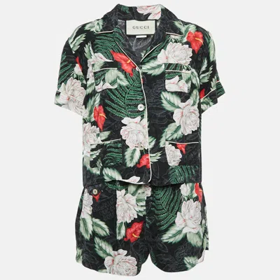 Pre-owned Gucci Black/multicolor Floral Print Silk Shirt And Shorts Set M