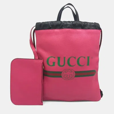 Pre-owned Gucci Black/pink Leather Drawstring Backpack