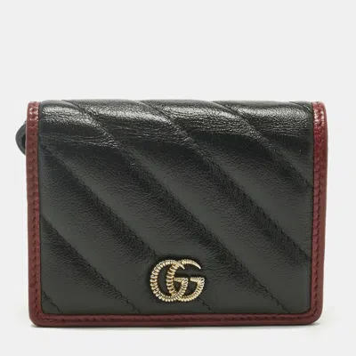 Pre-owned Gucci Black/red Diagonal Quilt Leather Gg Marmont Torchon Card Case