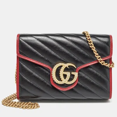 Pre-owned Gucci Black/red Diagonal Quilt Leather Gg Marmont Torchon Wallet On Chain