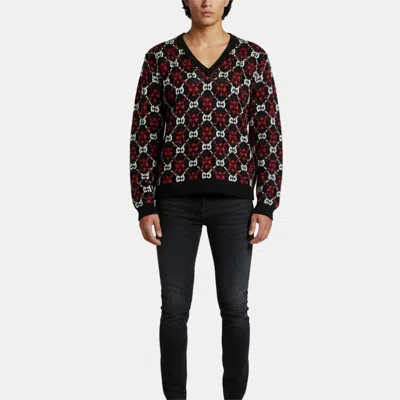 Pre-owned Gucci Black/red Diamond Monogram Knit V-neck Jumper L