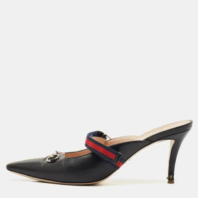 Pre-owned Gucci Black/red Leather Emma Web Strap Horsebit Mules Size 40.5