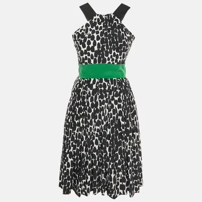 Pre-owned Gucci Black/white Abstract Print Silk Flared Midi Dress S