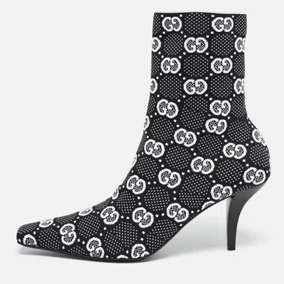 Pre-owned Gucci Black/white Gg Knit Fabric Sock Ankle Boots Size 39.5
