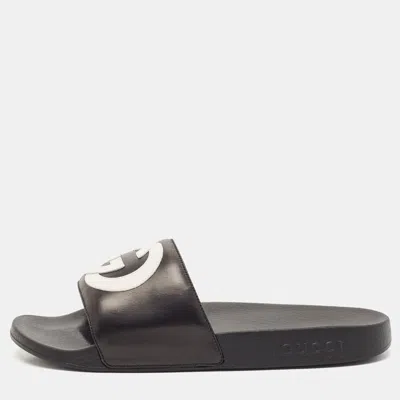Pre-owned Gucci Black/white Leather Interlocking G Pool Slides Size 42