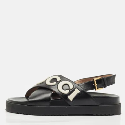 Pre-owned Gucci Black/white Leather Slingback Flat Sandals Size 38.5