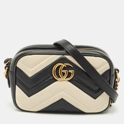 Pre-owned Gucci Black/white Matelassé Leather Mini Gg Marmont Camera Crossbody Bag