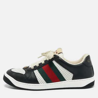 Pre-owned Gucci Black/white Perforated Leather Screener Sneakers Size 39.5