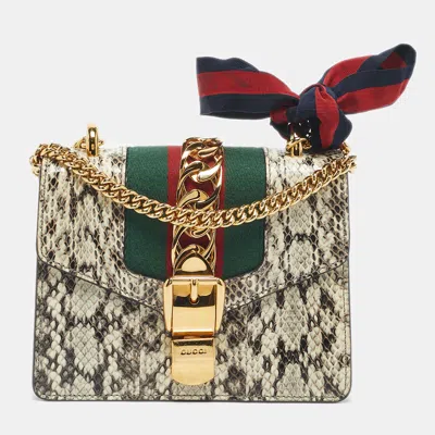 Pre-owned Gucci Black/white Watersnake Leather Mini Web Chain Sylvie Shoulder Bag