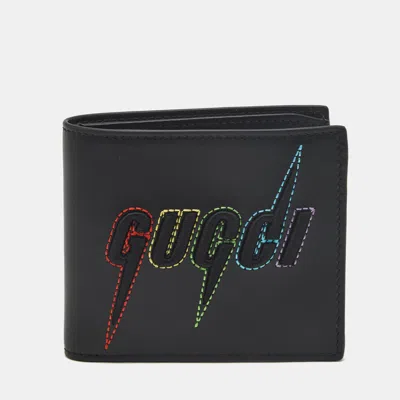 Pre-owned Gucci Blade Embroidered Black Leather Bifold Wallet