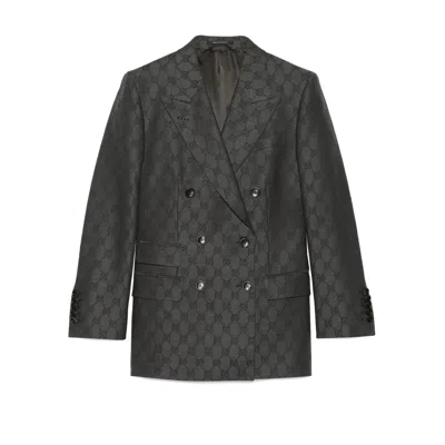 Gucci Monogram-pattern Double-breasted Blazer In Grey