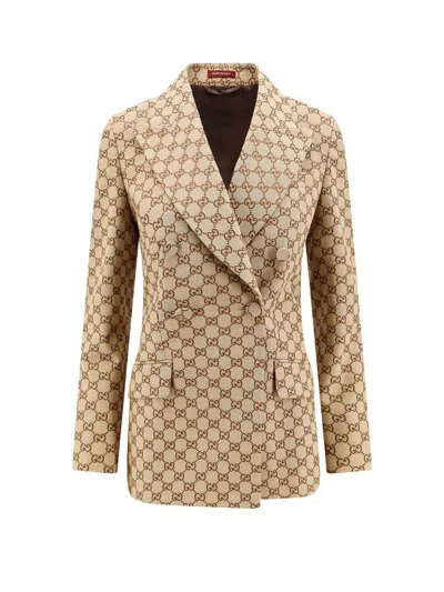 Gucci Gg Supreme Double-breasted Blazer In Brown