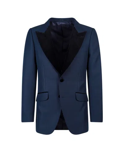 Gucci Single-breasted Blazer With Velvet Details In Blue