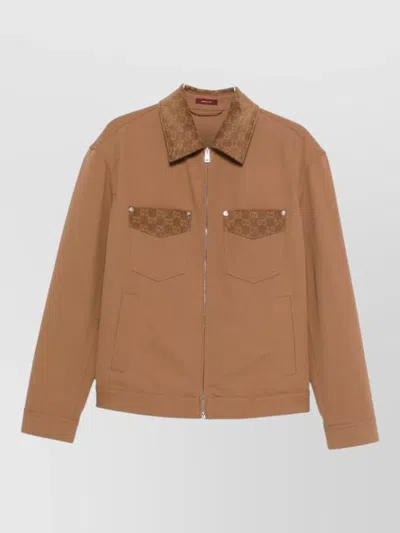 Gucci Blazer Camel Patterned Collar Buttoned Flap Pockets In Brown