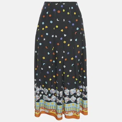 Pre-owned Gucci Blck Printed Silk Pleated Midi Skirt M