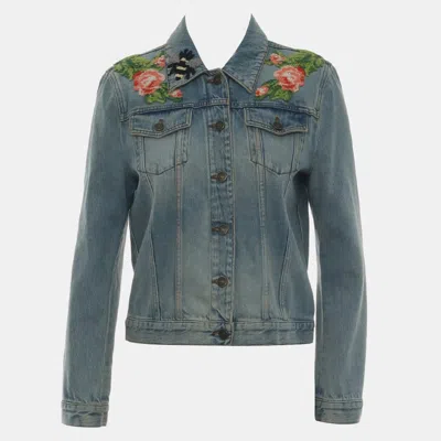 Pre-owned Gucci Blind For Love Embroidered Denim Jacket In Blue