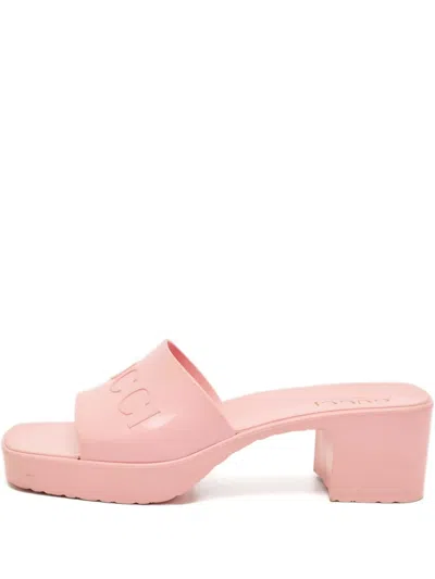 Pre-owned Gucci Block-heel Logo Sandals In Pink