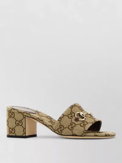 Gucci Block Heel Open Toe Leather Mules In Sand