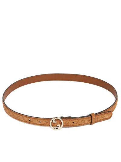 Gucci Suede Belt With All-over Gg Motif In Brown