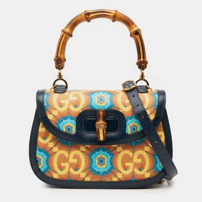 Pre-owned Gucci Blue 100th Anniversary Medium Gg Coated Canvas Kaleidoscope 1947 Bamboo Top Handle Bag